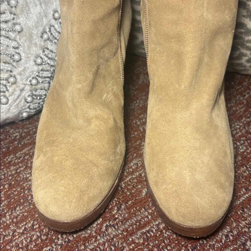 Fornarina light Tan Suede Knee-High Boots fold over top slouchy wooden heel boot